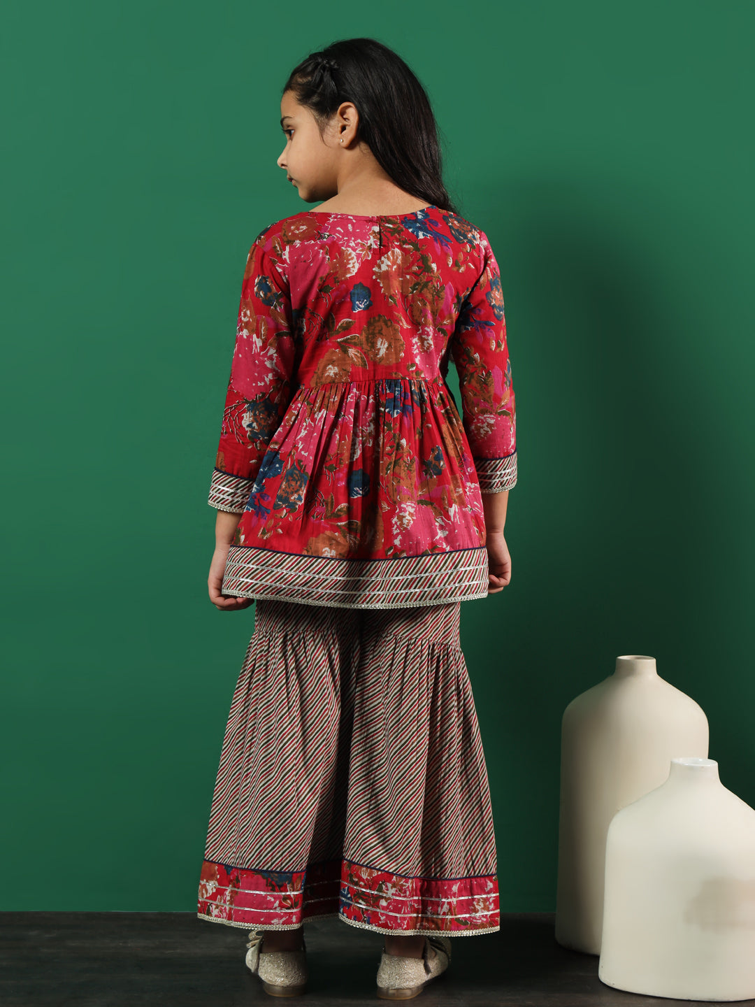 Frock Style Cotton Fabric Pink Color Printed Kurti And Sharara With Cut Dana, Gotta Work