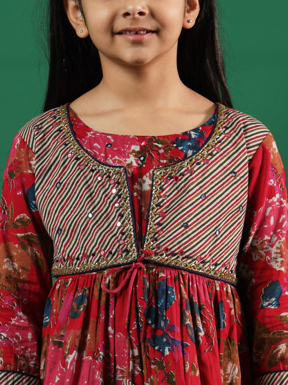 Frock Style Cotton Fabric Pink Color Printed Kurti And Sharara With Cut Dana, Gotta Work