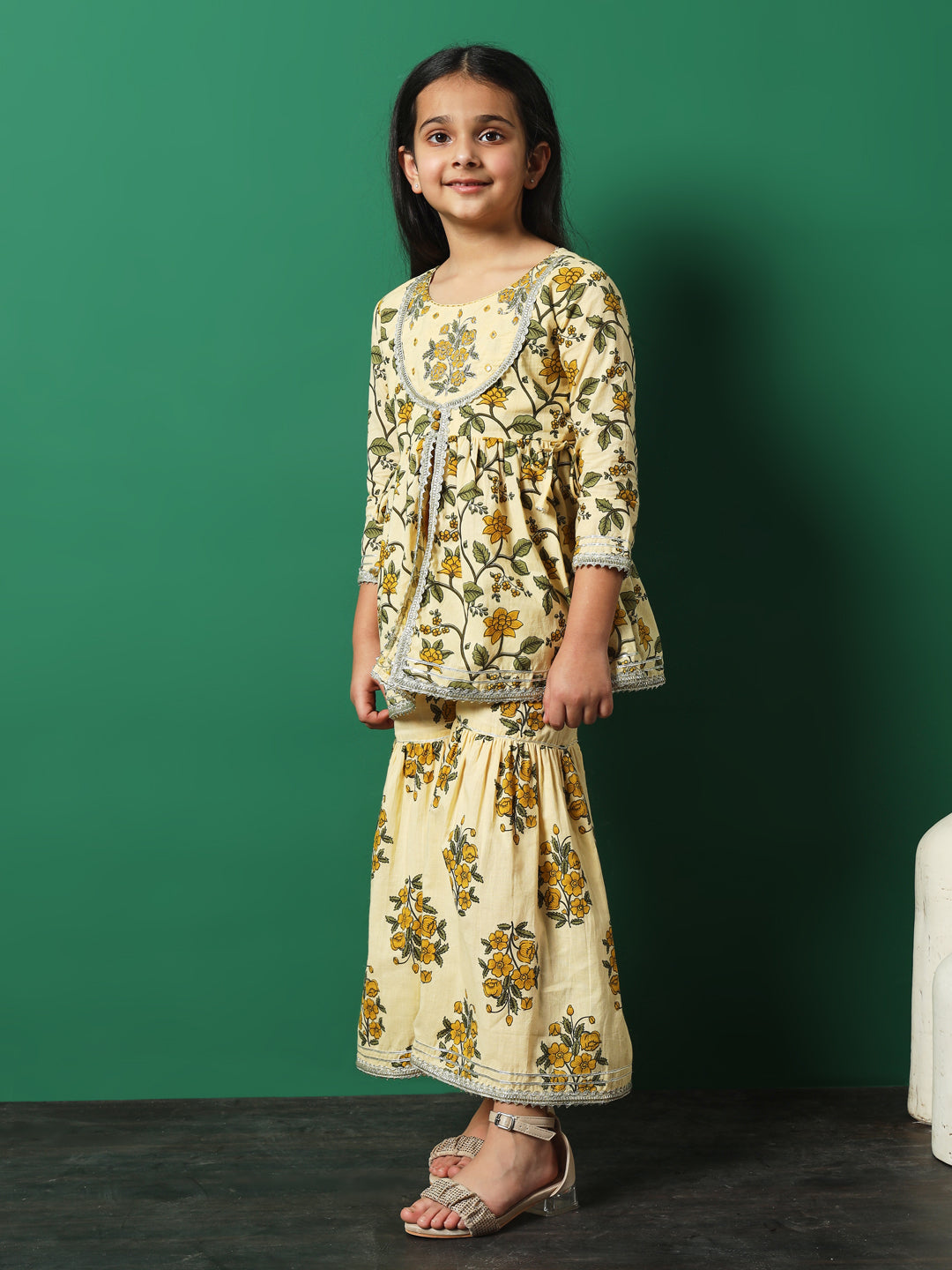 Girls Frock Style Cotton Fabric Beige Color Floral Printed Kurti And Sharara With Gotta Lace Work