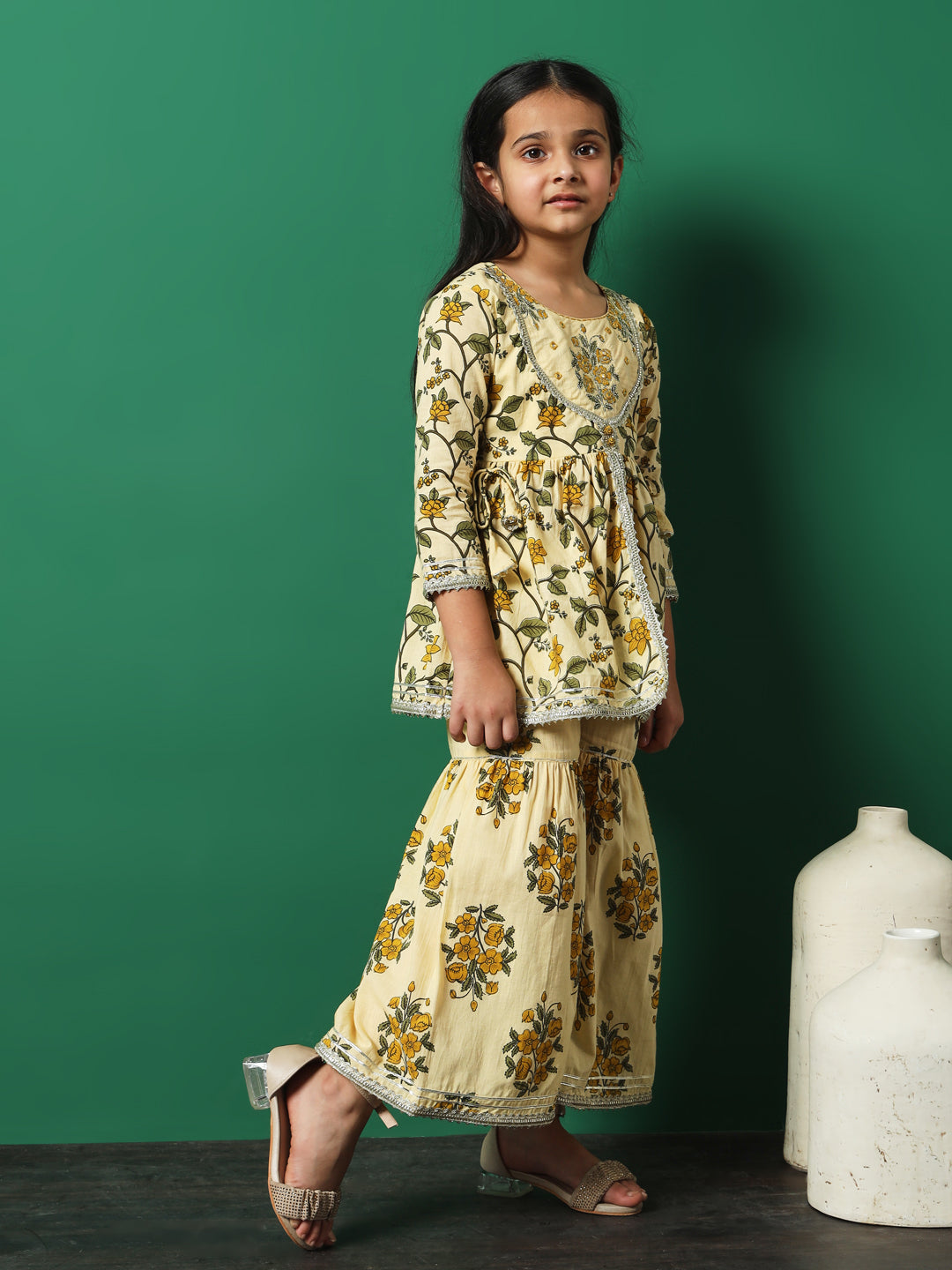 Girls Frock Style Cotton Fabric Beige Color Floral Printed Kurti And Sharara With Gotta Lace Work