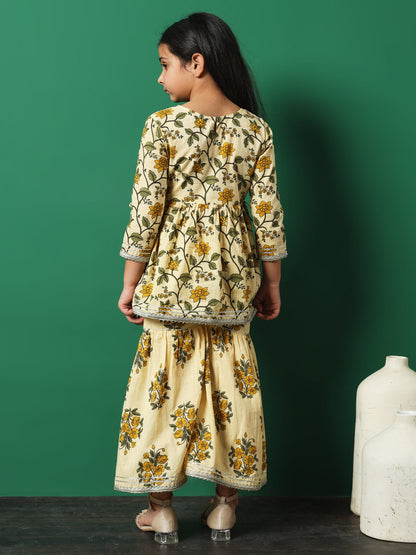 Girls Frock Style Cotton Fabric Beige Color Floral Printed Kurti And Sharara With Gotta Lace Work