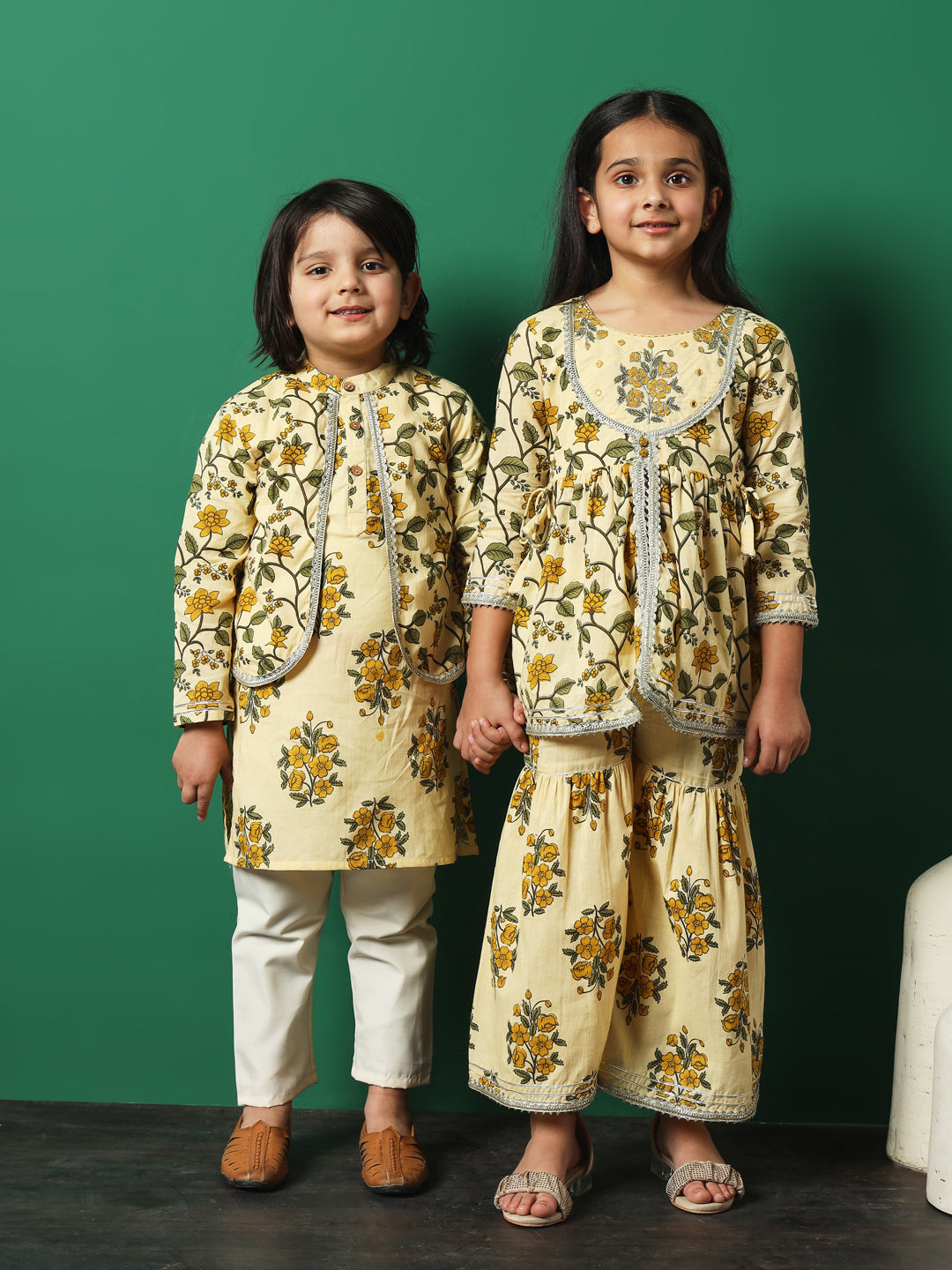 Girls Frock Style Cotton Fabric Beige Color Floral Printed Kurti And Sharara With Gotta Lace Work