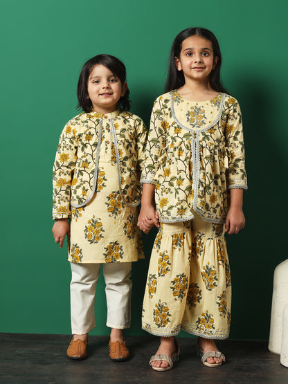 Girls Frock Style Cotton Fabric Beige Color Floral Printed Kurti And Sharara With Gotta Lace Work