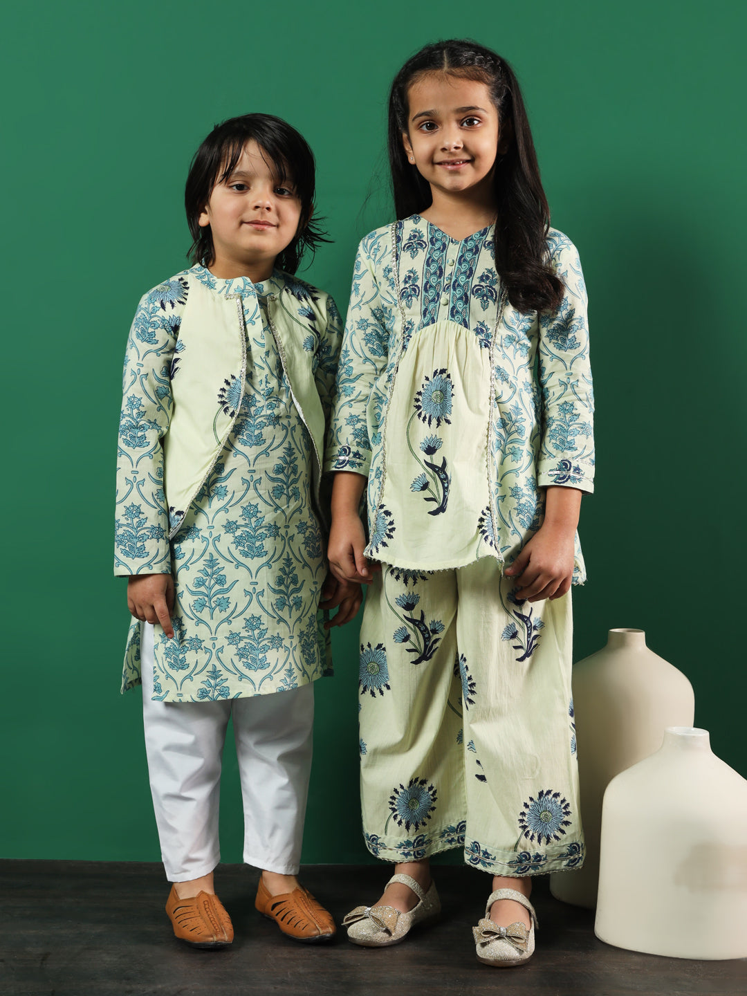 Girls A-Line Style Cotton Fabric Blue Color Printed Kurti And Palazzo With Gotta Lace Work