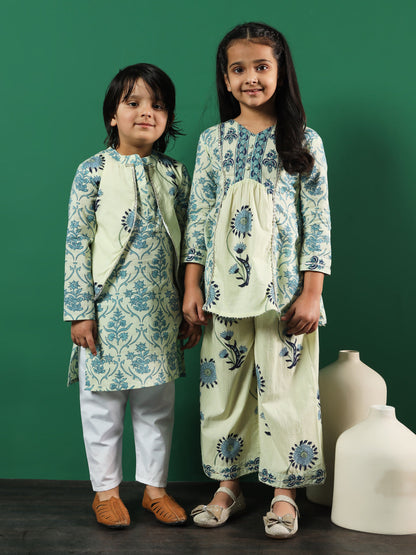 Girls A-Line Style Cotton Fabric Blue Color Printed Kurti And Palazzo With Gotta Lace Work