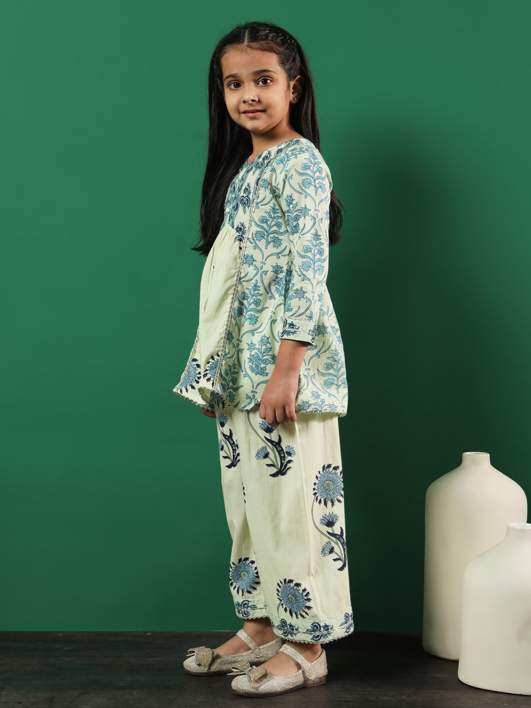 Girls A-Line Style Cotton Fabric Blue Color Printed Kurti And Palazzo With Gotta Lace Work