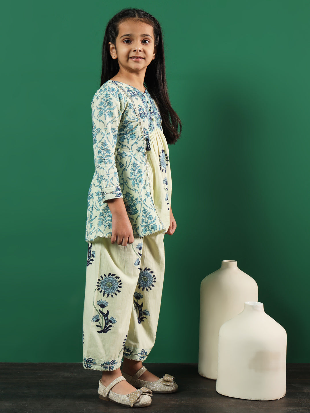 Girls A-Line Style Cotton Fabric Blue Color Printed Kurti And Palazzo With Gotta Lace Work