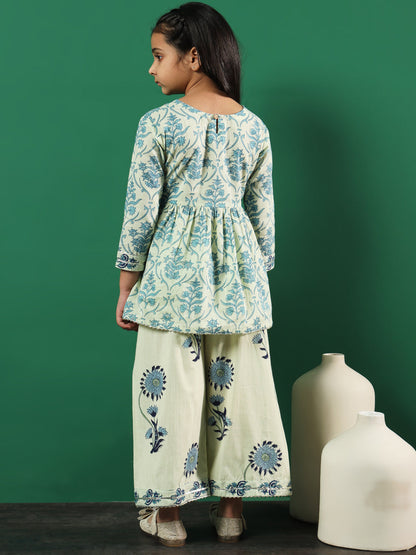 Girls A-Line Style Cotton Fabric Blue Color Printed Kurti And Palazzo With Gotta Lace Work