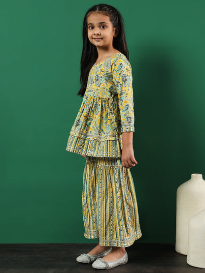 Frock Style Cotton Fabric Yellow Color Printed Kurti And Sharara With Zari, Gotta Lace Work
