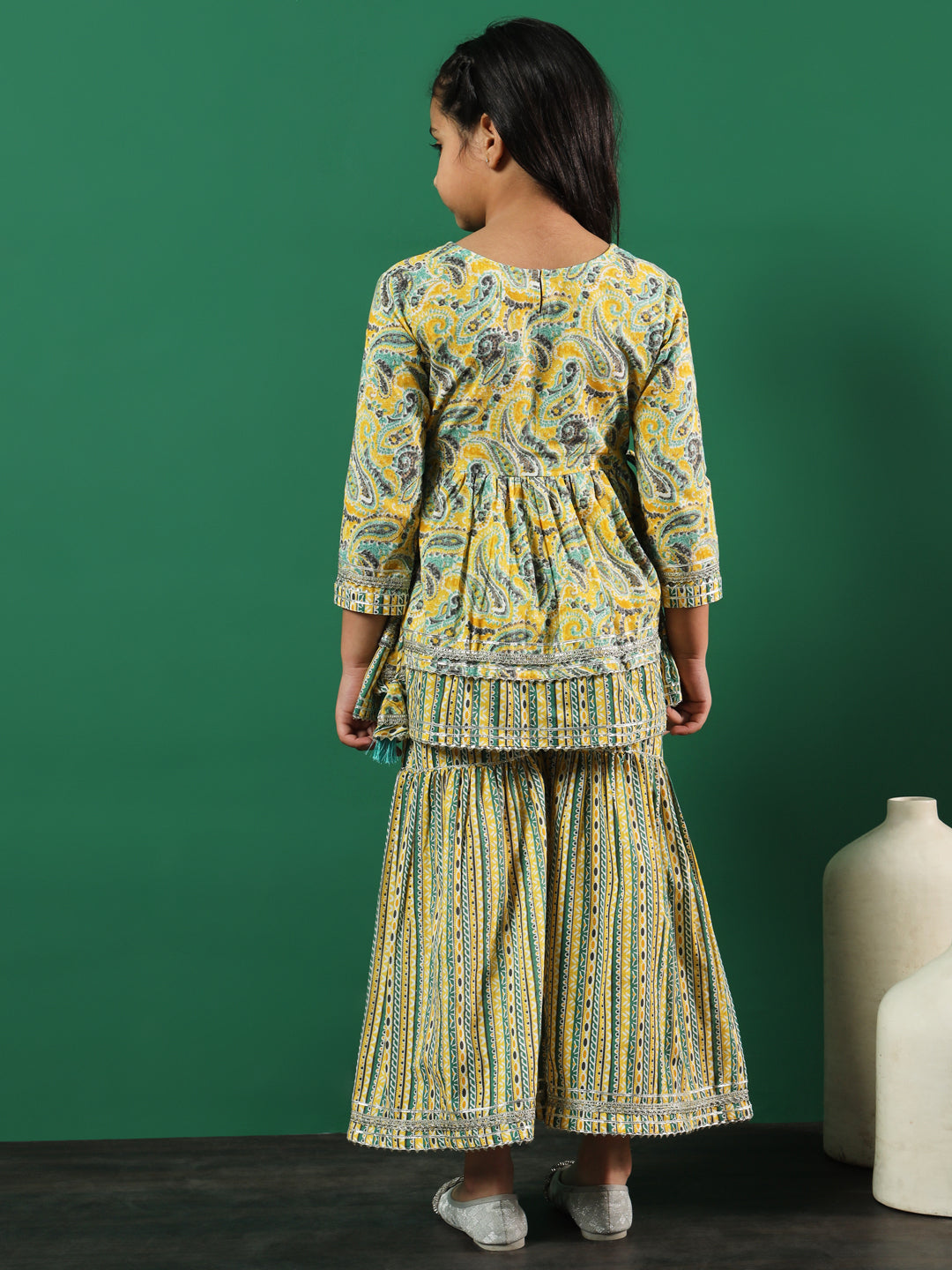 Frock Style Cotton Fabric Yellow Color Printed Kurti And Sharara With Zari, Gotta Lace Work