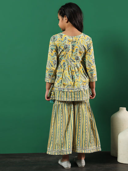 Frock Style Cotton Fabric Yellow Color Printed Kurti And Sharara With Zari, Gotta Lace Work