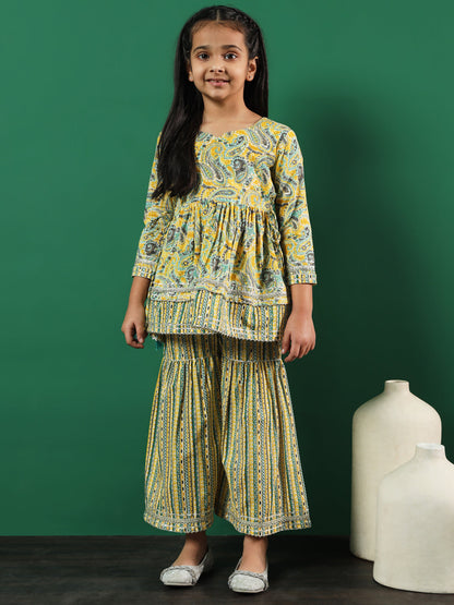 Frock Style Cotton Fabric Yellow Color Printed Kurti And Sharara With Zari, Gotta Lace Work