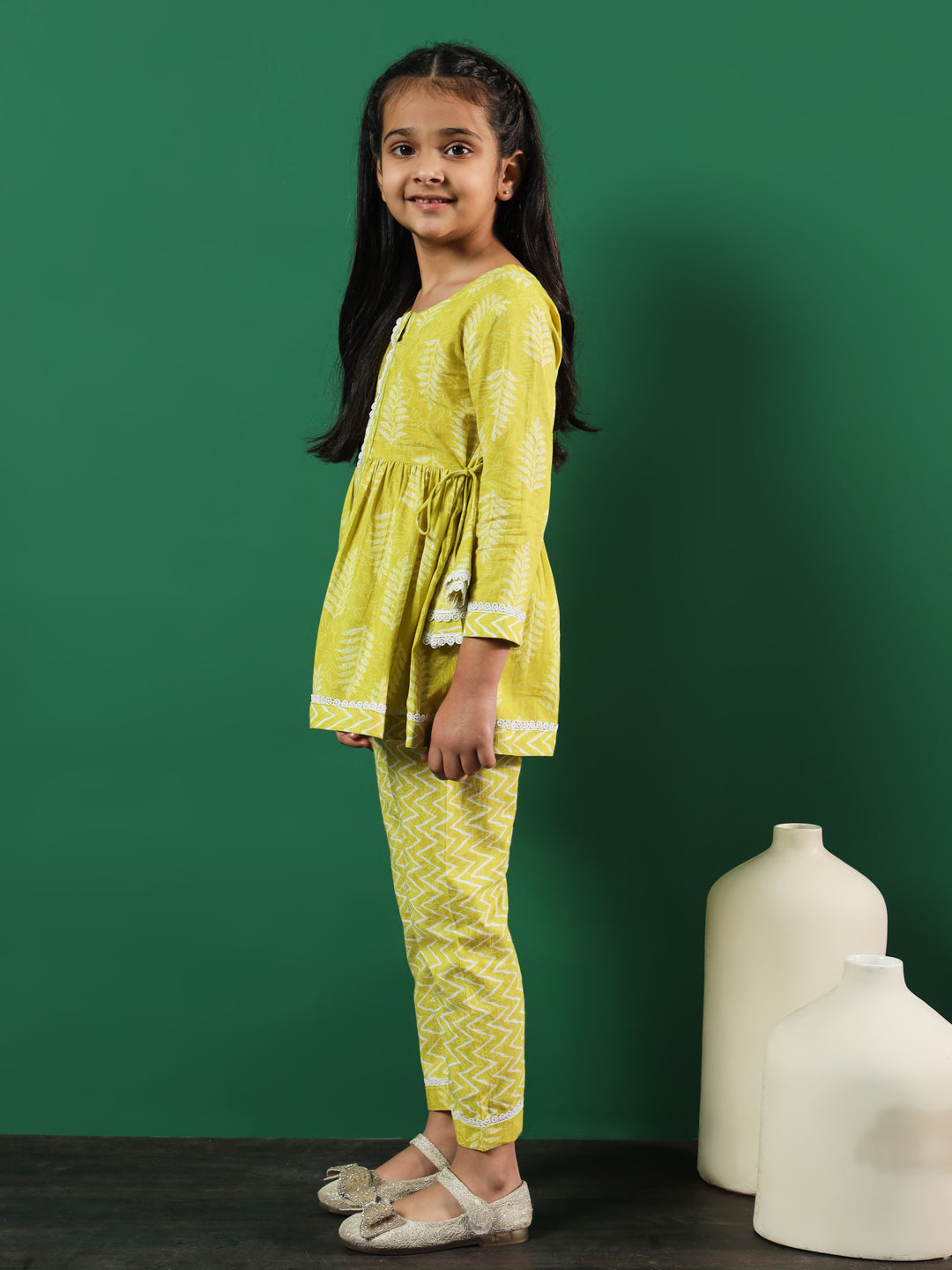 Girls Frock Style Cotton Fabric Lime Green Color Printed Kurti And Palazzo With Lace Work