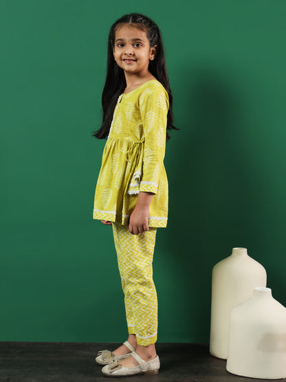 Girls Frock Style Cotton Fabric Lime Green Color Printed Kurti And Palazzo With Lace Work