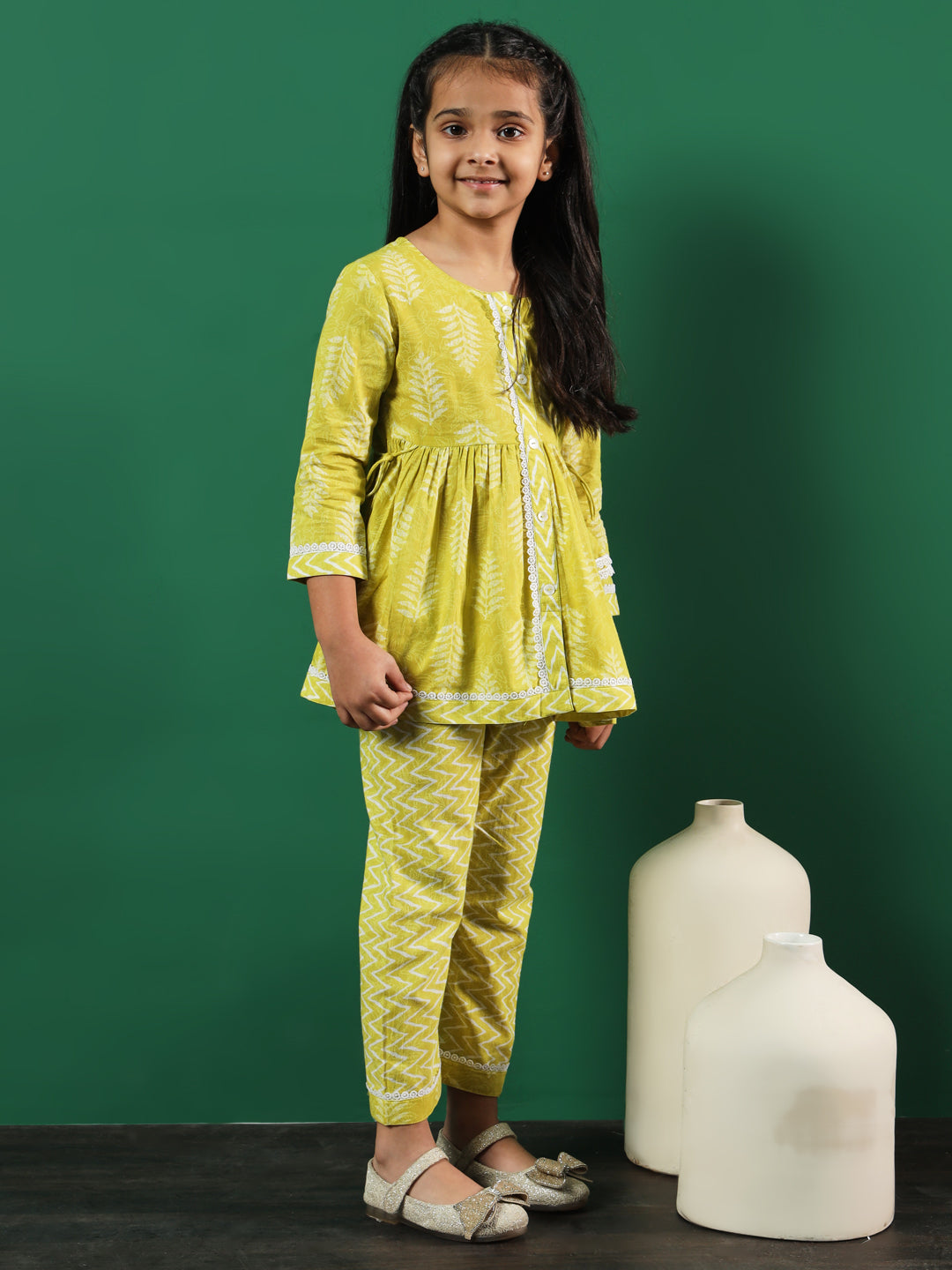 Girls Frock Style Cotton Fabric Lime Green Color Printed Kurti And Palazzo With Lace Work