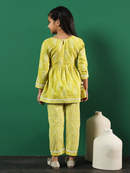 Girls Frock Style Cotton Fabric Lime Green Color Printed Kurti And Palazzo With Lace Work