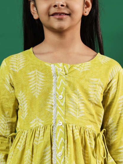 Girls Frock Style Cotton Fabric Lime Green Color Printed Kurti And Palazzo With Lace Work
