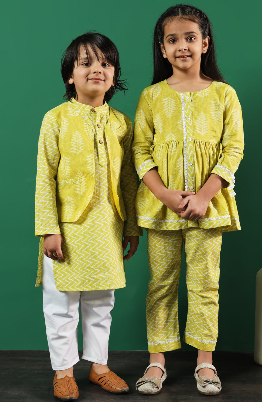 Girls Frock Style Cotton Fabric Lime Green Color Printed Kurti And Palazzo With Lace Work