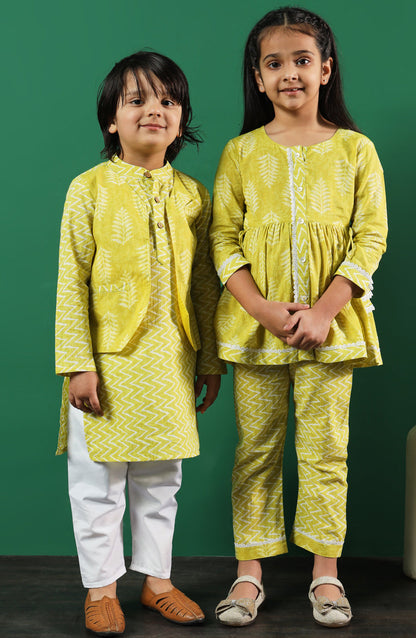 Girls Frock Style Cotton Fabric Lime Green Color Printed Kurti And Palazzo With Lace Work