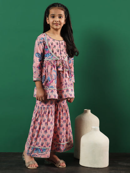 Frock Style Cotton Fabric Peach Color Floral Printed Kurti And Sharara With Gotta Lace Work