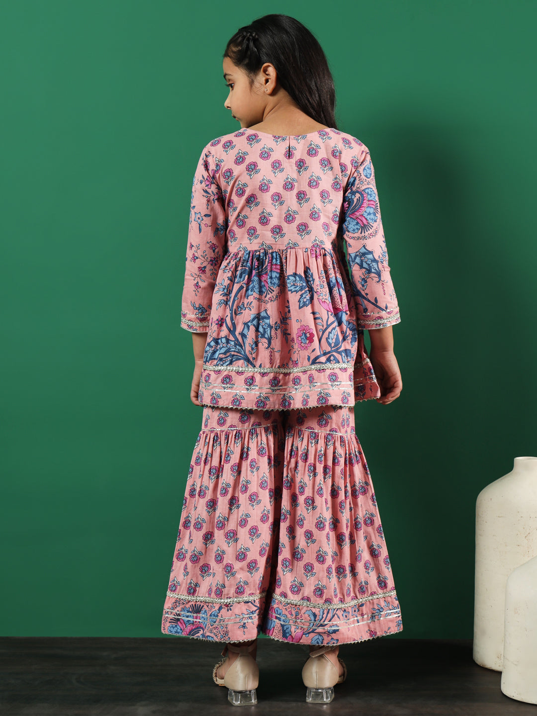 Frock Style Cotton Fabric Peach Color Floral Printed Kurti And Sharara With Gotta Lace Work