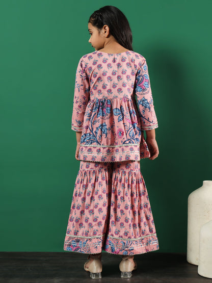 Frock Style Cotton Fabric Peach Color Floral Printed Kurti And Sharara With Gotta Lace Work