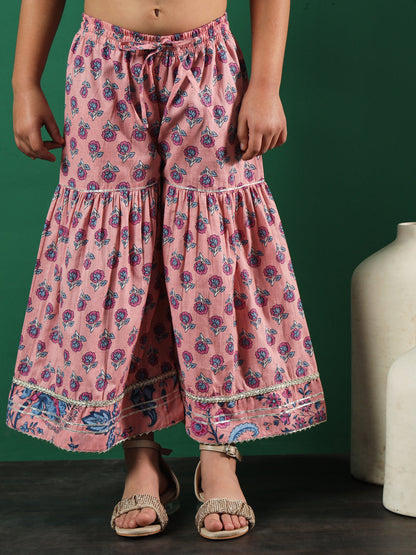 Frock Style Cotton Fabric Peach Color Floral Printed Kurti And Sharara With Gotta Lace Work