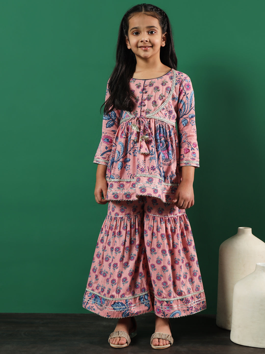 Frock Style Cotton Fabric Peach Color Floral Printed Kurti And Sharara With Gotta Lace Work