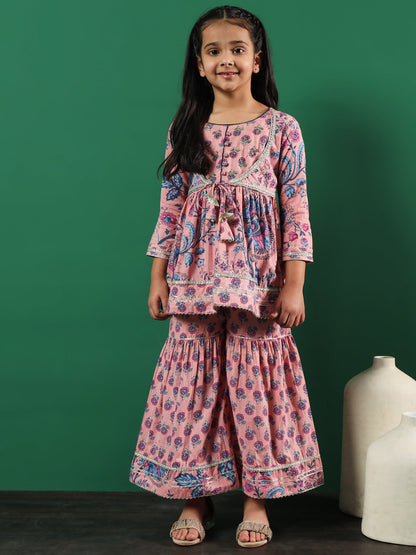 Frock Style Cotton Fabric Peach Color Floral Printed Kurti And Sharara With Gotta Lace Work