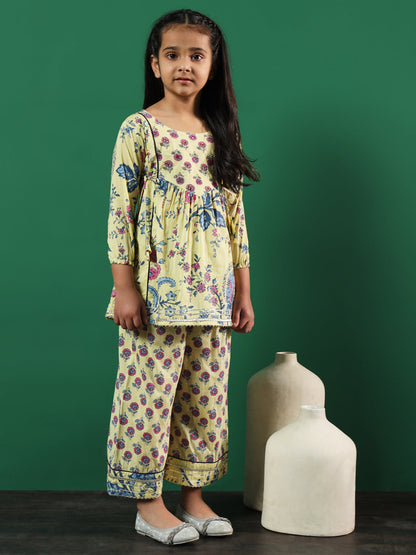 Frock Style Cotton Fabric Yellow Color Floral Printed Kurti And Palazzo With Gotta Lace Work