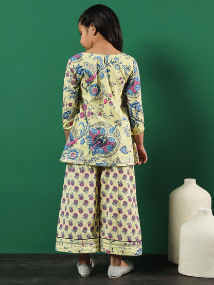 Frock Style Cotton Fabric Yellow Color Floral Printed Kurti And Palazzo With Gotta Lace Work