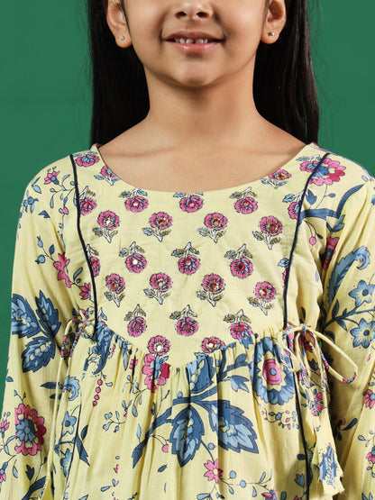 Frock Style Cotton Fabric Yellow Color Floral Printed Kurti And Palazzo With Gotta Lace Work
