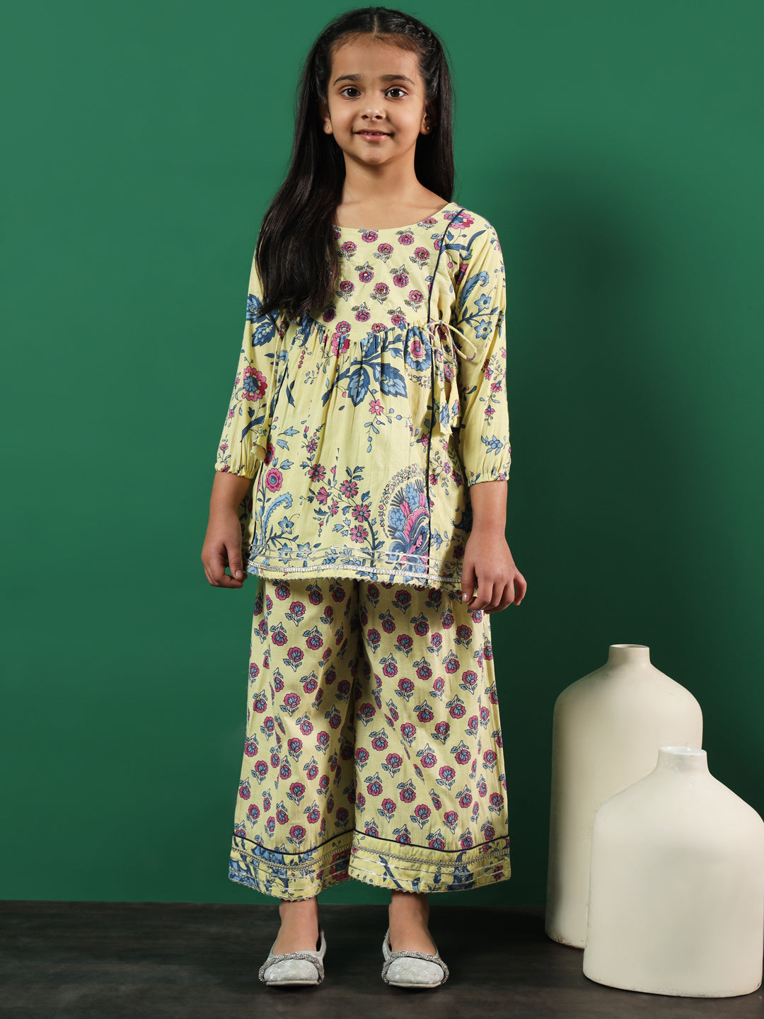 Frock Style Cotton Fabric Yellow Color Floral Printed Kurti And Palazzo With Gotta Lace Work