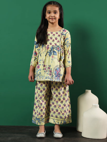 Frock Style Cotton Fabric Yellow Color Floral Printed Kurti And Palazzo With Gotta Lace Work