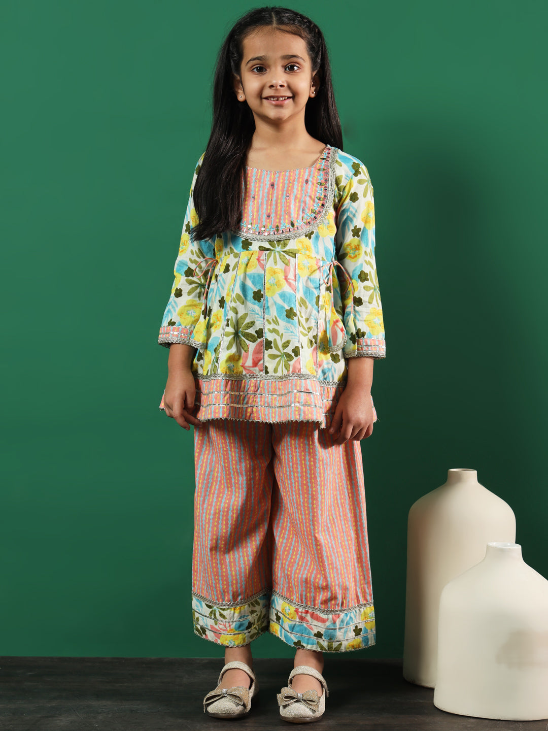 Frock Style Cotton Fabric Peach Color Floral Printed Kurti And Palazzo In Gotta Lace Work With Dupatta