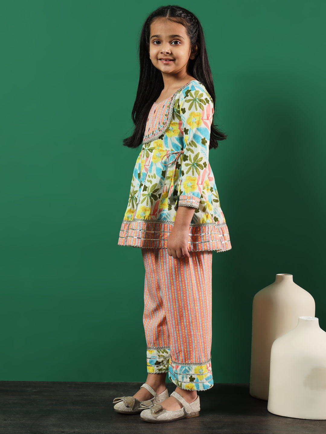 Frock Style Cotton Fabric Peach Color Floral Printed Kurti And Palazzo In Gotta Lace Work With Dupatta