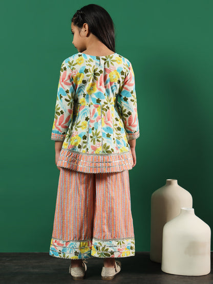 Frock Style Cotton Fabric Peach Color Floral Printed Kurti And Palazzo In Gotta Lace Work With Dupatta