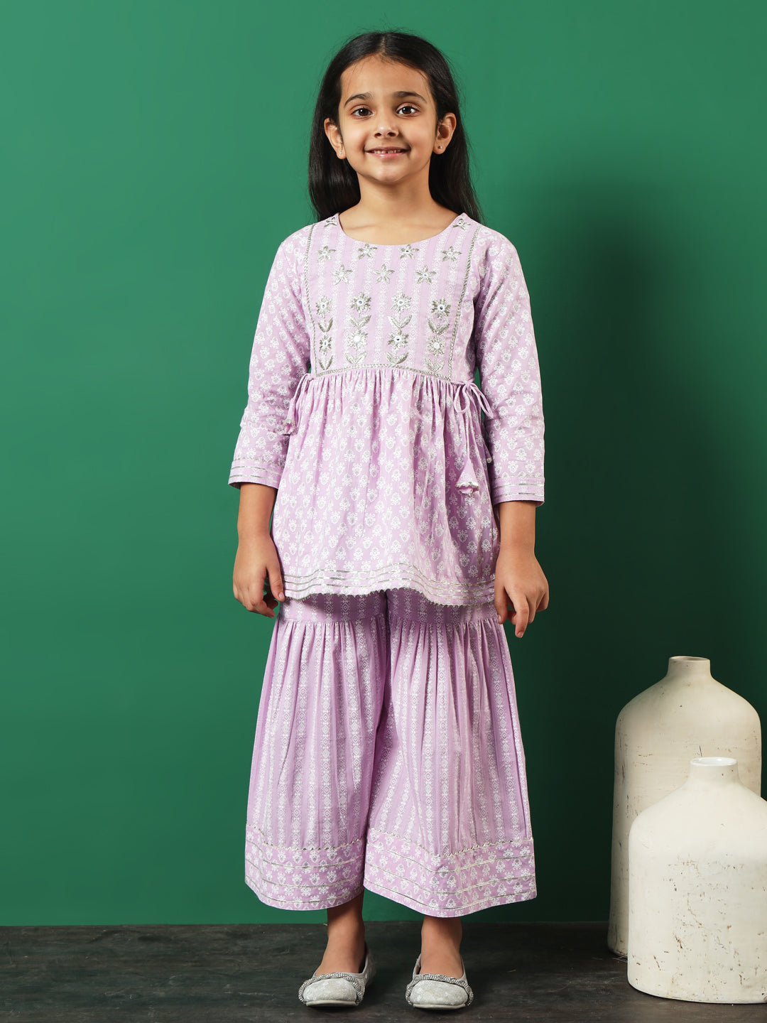 A-Line Style Cotton Fabric Mauve Color Printed Kurti And Sharara With Zari, Gotta Lace Work
