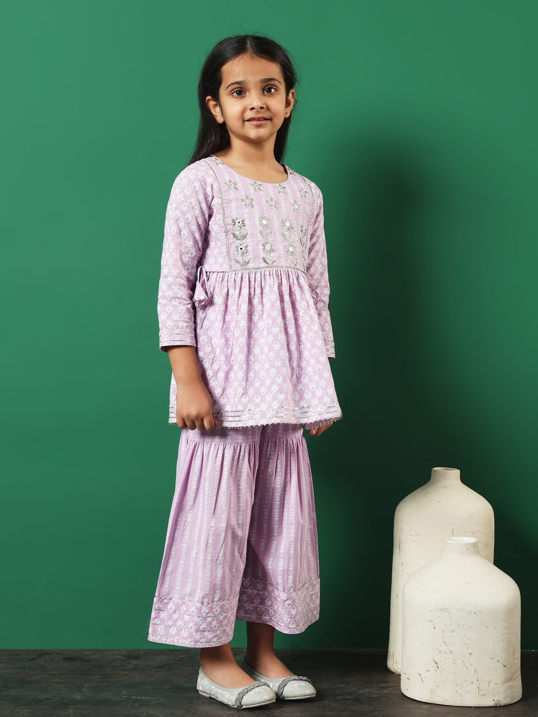 A-Line Style Cotton Fabric Mauve Color Printed Kurti And Sharara With Zari, Gotta Lace Work
