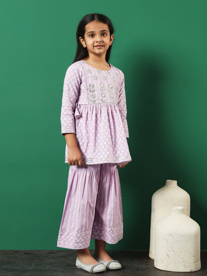 A-Line Style Cotton Fabric Mauve Color Printed Kurti And Sharara With Zari, Gotta Lace Work