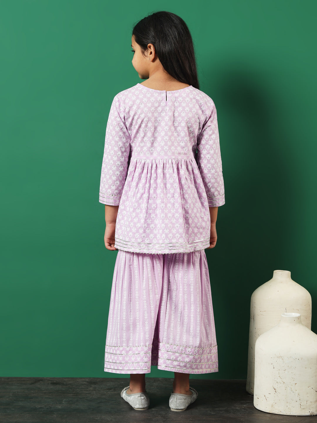 A-Line Style Cotton Fabric Mauve Color Printed Kurti And Sharara With Zari, Gotta Lace Work