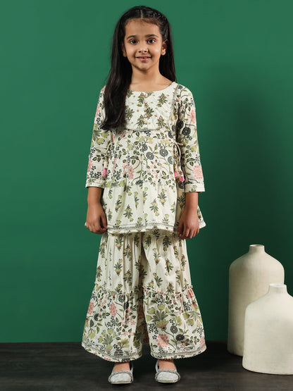 Frock Style Cotton Fabric Cream Color Floral Printed Kurti And Sharara With Cut Dana, Gotta Work