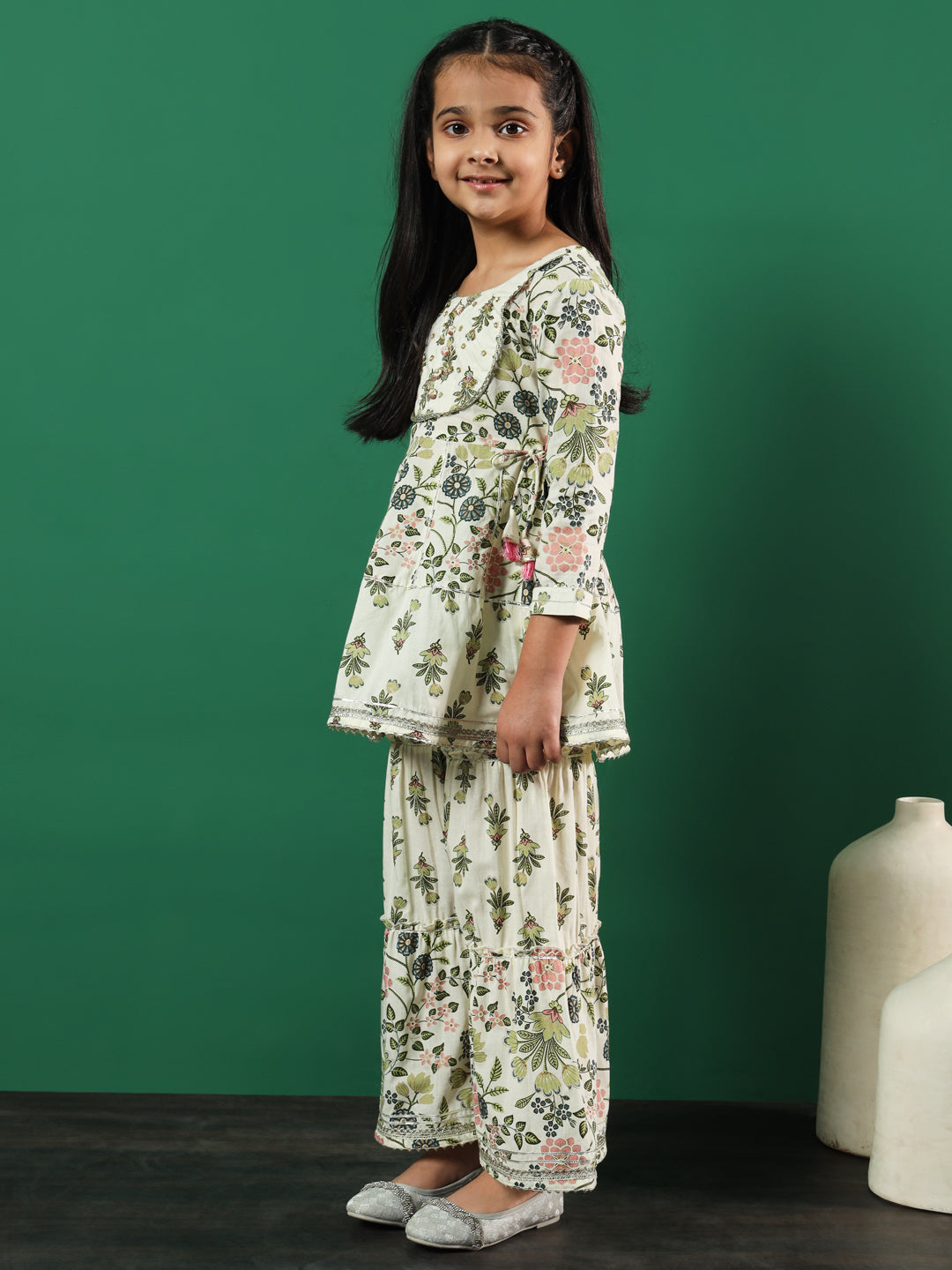 Frock Style Cotton Fabric Cream Color Floral Printed Kurti And Sharara With Cut Dana, Gotta Work