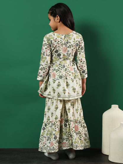 Frock Style Cotton Fabric Cream Color Floral Printed Kurti And Sharara With Cut Dana, Gotta Work