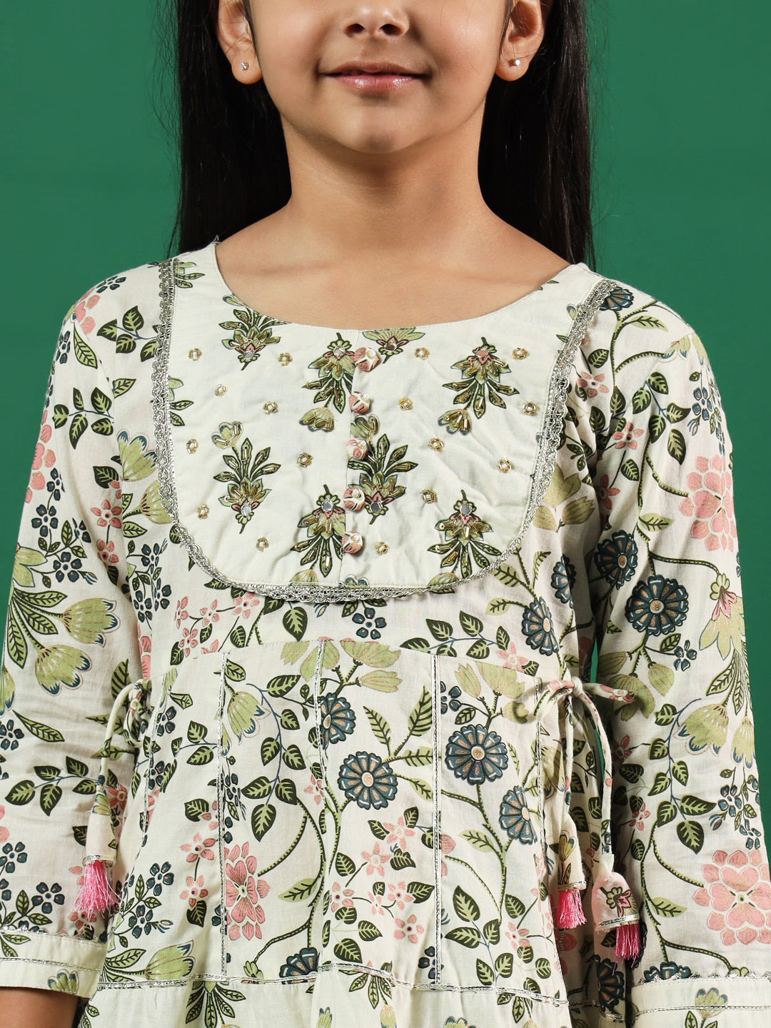 Frock Style Cotton Fabric Cream Color Floral Printed Kurti And Sharara With Cut Dana, Gotta Work
