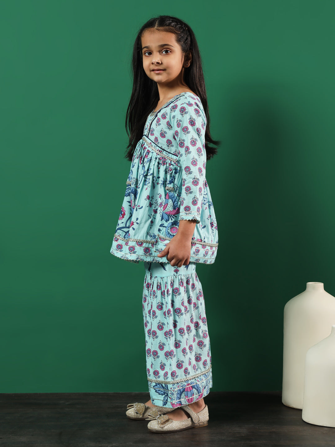 Frock Style Cotton Fabric Turquoise Blue Color Floral Printed Kurti And Sharara With Gotta Work