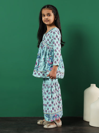 Frock Style Cotton Fabric Turquoise Blue Color Floral Printed Kurti And Sharara With Gotta Work