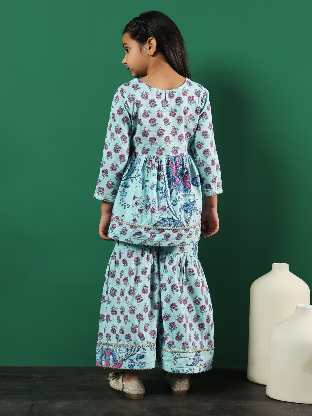 Frock Style Cotton Fabric Turquoise Blue Color Floral Printed Kurti And Sharara With Gotta Work