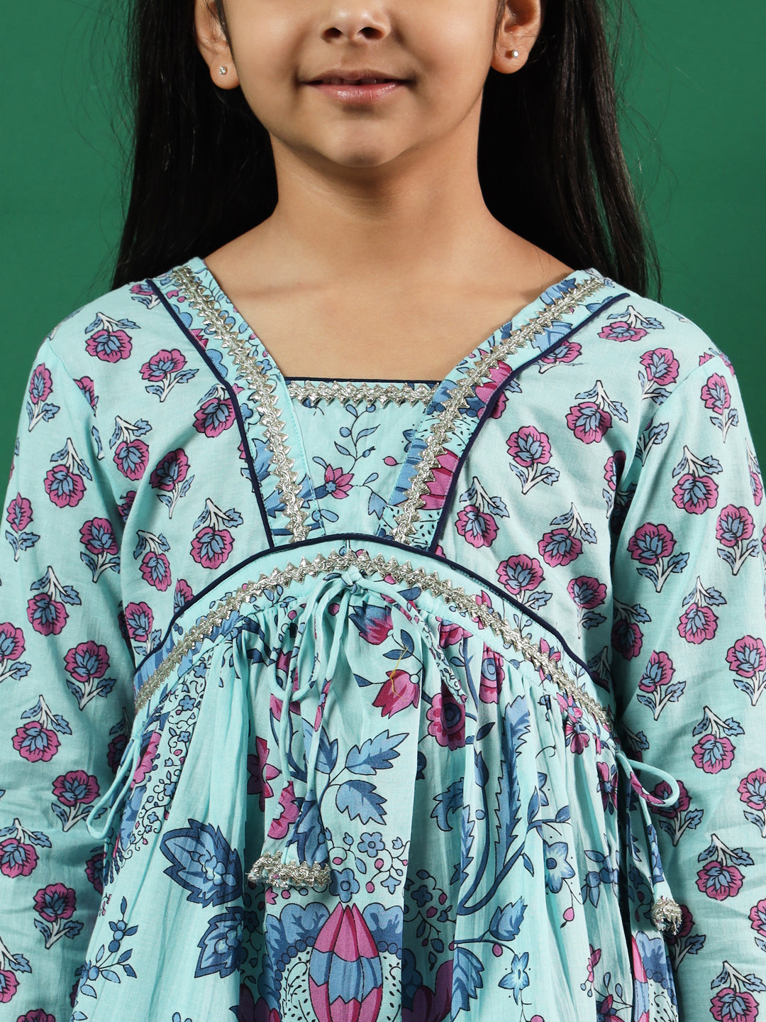 Frock Style Cotton Fabric Turquoise Blue Color Floral Printed Kurti And Sharara With Gotta Work