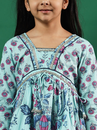 Frock Style Cotton Fabric Turquoise Blue Color Floral Printed Kurti And Sharara With Gotta Work